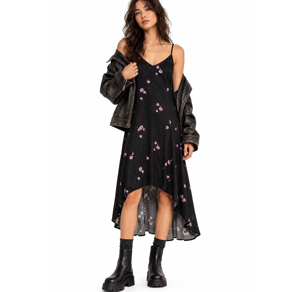 Equipment Femme XS Black Ditzy Floral Rayon Slip Dress Midi Fairy Grunge 90s